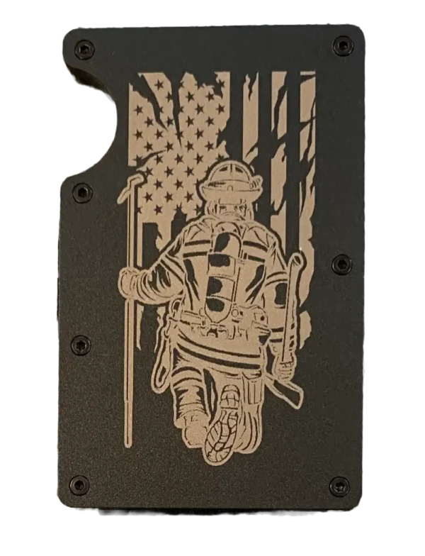 Firefighter in front of Distressed American Flag