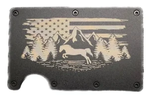 Landscape of USA flag, mountains, trees, and a bucking horse