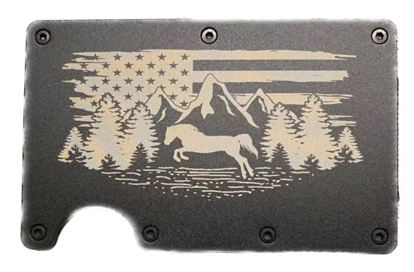 Landscape of USA flag, mountains, trees, and a bucking horse